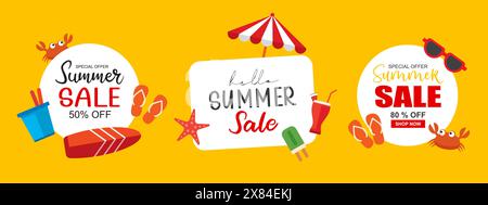 „Hello Summer Poster and Banner Design“. Sommer mit Objekten Elemente Hintergrund. Stock Vektor