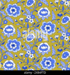 Nahtloses Muster mit einfarbigen blauen Chinoiserie-Motiven Stock Vektor