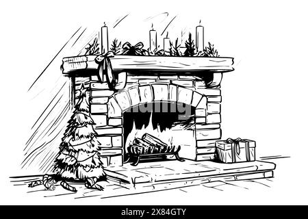 Kamin mit Kamin Vintage-Skizze Illustration. Brennholz, Holz, Ziegel innen. Stock Vektor