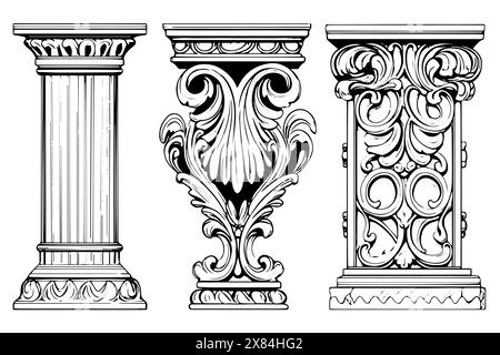 Antike Kolumensammlung: Vintage-Vektor-Illustrationen römischer und griechischer Architekturelemente. Stock Vektor