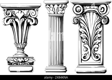 Antike Kolumensammlung: Vintage-Vektor-Illustrationen römischer und griechischer Architekturelemente. Stock Vektor