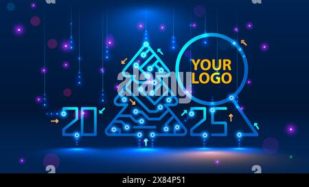 Vorlage für Neujahrs- und Weihnachtskarten im Stil neuer Technologie. Weihnachtsbaum, 2025 Jahre auf Leiterplatte. Schneefall, Schneeflocken Stock Vektor