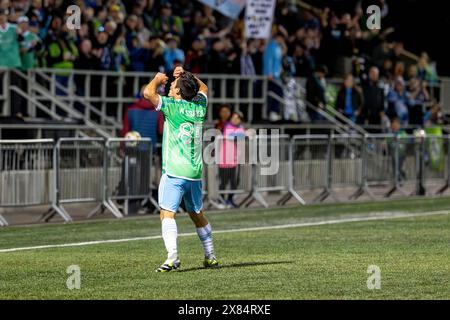 Twquilla, Washington, USA. Mai 2024. Seattle Sounders Spieler KALANI KOSA-RENZI #85 feiert sein erstes MLS-Tor in der 2. Hälfte des US Open Cup Spiels Seattle Sounders gegen Phoenix Rising, wobei die Sounders mit 2:1 ins Viertelfinale vorrücken. (Kreditbild: © Melissa Levin/ZUMA Press Wire) NUR REDAKTIONELLE VERWENDUNG! Nicht für kommerzielle ZWECKE! Quelle: ZUMA Press, Inc./Alamy Live News Stockfoto