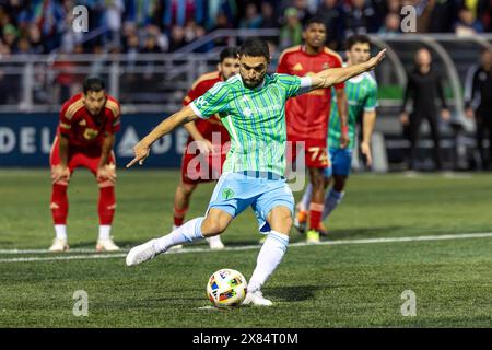 Twquilla, Washington, USA. Mai 2024. Seattle Sounders Spieler Phoenix Rising, der in der 2. Hälfte des US Open Cup-Spiels, Seattle Sounders vs Phoenix Rising, einen Elfmeterschieß und das erste Tor des Spiels erzielte. (Kreditbild: © Melissa Levin/ZUMA Press Wire) NUR REDAKTIONELLE VERWENDUNG! Nicht für kommerzielle ZWECKE! Quelle: ZUMA Press, Inc./Alamy Live News Stockfoto