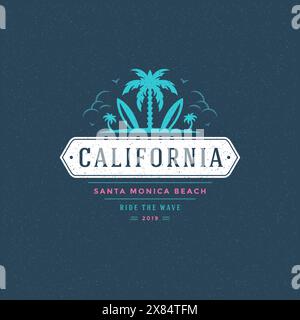 Surfende Typografie-Slogan Vektor-Illustration. California Santa Monica Beach Botschaft. Palmen- und Surfbretter-Symbole. Stock Vektor