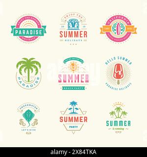 Retro-Typografie-Design-Set mit Etiketten und Abzeichen für die Sommerferien. Vorlagen für Grußkarten, Poster und Bekleidungsdesign. Vektorabbildung. Stock Vektor