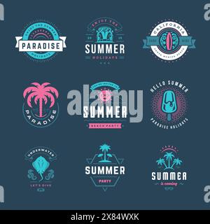 Retro-Typografie-Design-Set mit Etiketten und Abzeichen für die Sommerferien. Vorlagen für Grußkarten, Poster und Bekleidungsdesign. Vektorabbildung. Stock Vektor