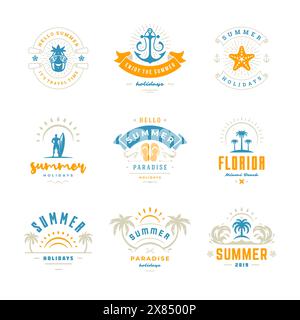 Retro-Typografie-Design-Set mit Etiketten und Abzeichen für die Sommerferien. Vorlagen für Grußkarten, Poster und Bekleidungsdesign. Vektorabbildung. Stock Vektor