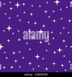 Hand gezeichnetes nahtloses Muster von Sternen am Nachthimmel. Stilisierte einen anderen Raum auf einem dunkelvioletten Hintergrund Stock Vektor
