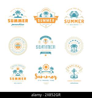 Retro-Typografie-Design-Set mit Etiketten und Abzeichen für die Sommerferien. Vorlagen für Grußkarten, Poster und Bekleidungsdesign. Vektorabbildung. Stock Vektor