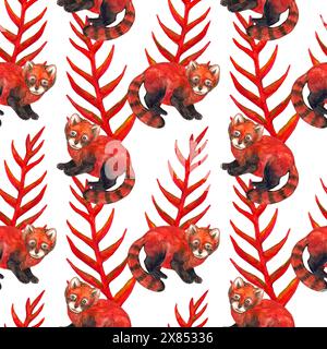 Nahtloses Aquarellmuster. Hyperrealistische Natur der Tropen Asiens - roter Panda und rote Pflanze auf weißem Hintergrund Stockfoto