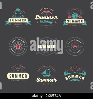 Retro-Typografie-Design-Set mit Etiketten und Abzeichen für die Sommerferien. Vorlagen für Grußkarten, Poster und Bekleidungsdesign. Vektorabbildung. Stock Vektor