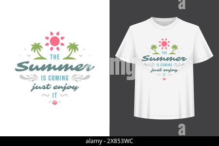 Sommerzitat oder Spruch kann für T-Shirt, Becher, Grußkarte, Fotoüberzüge, Dekordrucke und Poster verwendet werden. Der Sommer kommt, genieße die Nachricht, vecto Stock Vektor