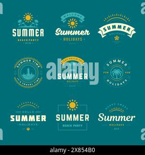 Retro-Typografie-Design-Set mit Etiketten und Abzeichen für die Sommerferien. Vorlagen für Grußkarten, Poster und Bekleidungsdesign. Vektorabbildung. Stock Vektor