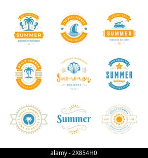 Retro-Typografie-Design-Set mit Etiketten und Abzeichen für die Sommerferien. Vorlagen für Grußkarten, Poster und Bekleidungsdesign. Vektorabbildung. Stock Vektor
