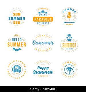 Retro-Typografie-Design-Set mit Etiketten und Abzeichen für die Sommerferien. Vorlagen für Grußkarten, Poster und Bekleidungsdesign. Vektorabbildung. Stock Vektor