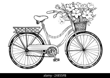 Vintage-Fahrrad mit Blumen in einem Korb Hand gezeichnet gravierte Vektor-Illustration. Stock Vektor