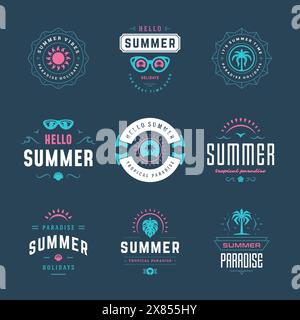 Retro-Typografie-Design-Set mit Etiketten und Abzeichen für die Sommerferien. Vorlagen für Grußkarten, Poster und Bekleidungsdesign. Vektorabbildung. Stock Vektor