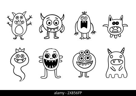 Halloween Spooky Funny Monster Creature Doodle Set Stock Vektor