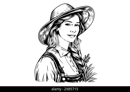 Eine Farmerin, die auf dem Feld im Gravurstil erntet. Zeichnung Tinte Skizze Vektor Illustration. Stock Vektor