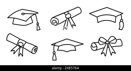 Abschlusskappe, Studentenhüte Diplom Doodle Icons Stock Vektor