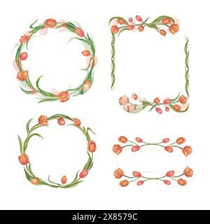 Ein Set von Aquarellkränzen und Rahmen aus roten Tulpen. Hintergrund für Text, Postkarten, Einladungen, Blog-Design, Banner, Schreibwaren Stockfoto