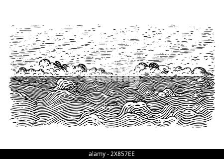 Vintage Sea Wave Sketch: Gravierte Vektor-Illustration der Naturlandschaft. Stock Vektor