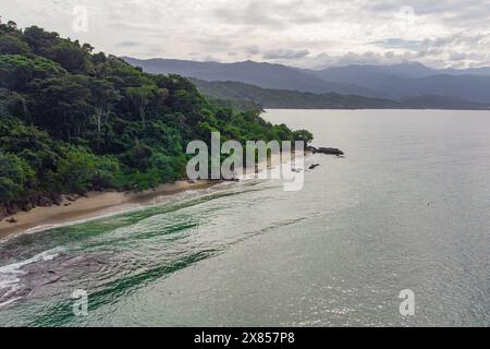 Aus der Vogelperspektive auf einen idyllischen karibischen Strand mit unberührtem Wasser und weißem Strand und Wald in der venezolanischen Stadt Chuspa. Tropische Landschaft Stockfoto