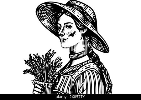 Eine Farmerin, die auf dem Feld im Gravurstil erntet. Zeichnung Tinte Skizze Vektor Illustration. Stock Vektor