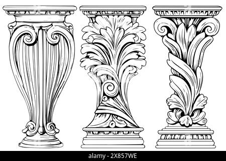 Antike Kolumensammlung: Vintage-Vektor-Illustrationen römischer und griechischer Architekturelemente. Stock Vektor