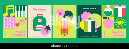 Schulhintergründe. Schreibwaren, Musikinstrumente, Bleistifte, Rucksack. Satz von flachen niedlichen Vektor-Illustrationen. Zurück zur Schule. Stock Vektor