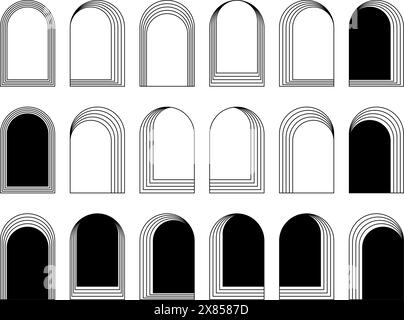 Set aus verschiedenen konzentrischen Bogenrahmen, isoliert auf weißem Hintergrund. Geometrische Bogenformen im trendigen Bohème-Stil. Fenster-, Tür- oder Torsilhouetten in Bogenform. Vektorgrafik. Stock Vektor