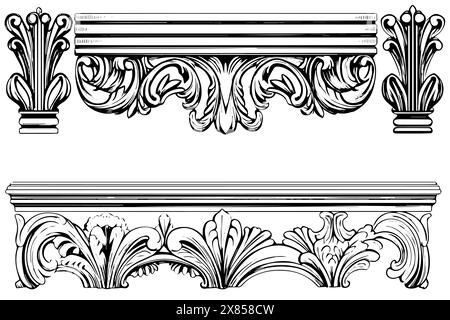 Klassische barocke Ornamentation: Vintage Vektor-Illustration der architektonischen Formteile und Grenzen Paket. Stock Vektor