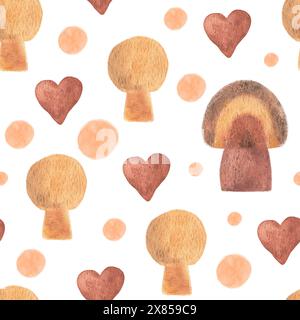 Nahtloses Aquarellmuster im Boho-Stil. Eine Abstraktion, ein Kinderprint, der einen fabelhaften Wald, Herzen, Flecken zeigt. Muster für Hintergrundbild im Stockfoto