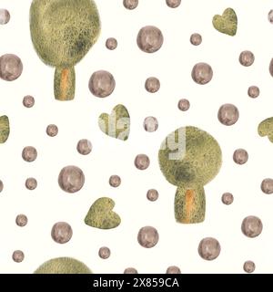 Nahtloses Muster mit abstrakten Bäumen, Aquarellflecken und Herzen. Unregelmäßige, naive Geometrie im Boho-Stil, für Textilien, Geschenkpapier, Kinder Stockfoto