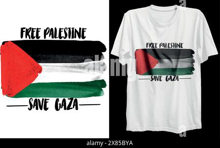 Ein weißes T-Shirt mit der palästinensischen Flagge und dem Freien Palästina, retten Sie gaza in schwarzen Buchstaben. Stock Vektor