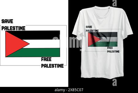 Ein weißes T-Shirt mit palästinensischer Flagge und Save palestine, freies Palästina, geschrieben in schwarzen Buchstaben. Stock Vektor
