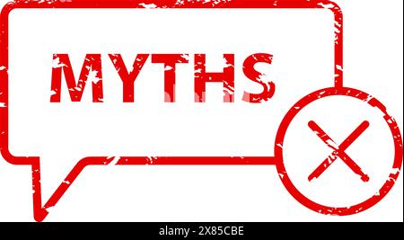 Mythos-Gummistempel. Vektor des falschen Etiketts, Siegeltinte, Aufdruck-Fiktion-Grafik, Nachricht Lüge, strukturierte Abzeichen gefälscht, falsche Druckabbildung Stock Vektor