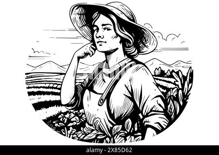 Eine Farmerin, die auf dem Feld im Gravurstil erntet. Zeichnung Tinte Skizze Vektor Illustration. Stock Vektor
