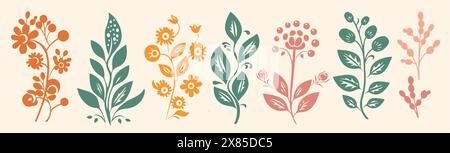 Satz von abstrakten Vektorblumen mit Blättern. Farbige Silhouetten mit Blumenarrangements. Vektorabbildung. Stock Vektor
