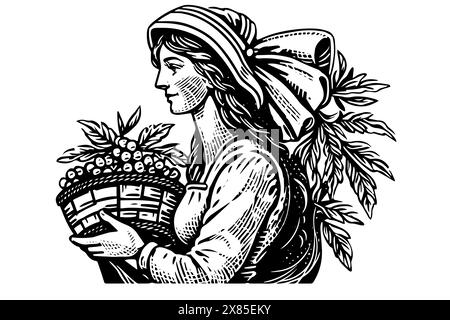 Eine Farmerin, die auf dem Feld im Gravurstil erntet. Zeichnung Tinte Skizze Vektor Illustration. Stock Vektor