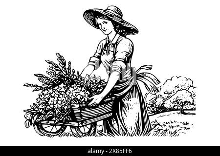 Eine Farmerin, die auf dem Feld im Gravurstil erntet. Zeichnung Tinte Skizze Vektor Illustration. Stock Vektor