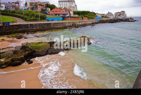 Schwimmer am frühen Morgen am Strand von Arcadia in Portrush, Nordirland Stockfoto