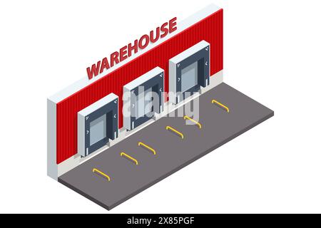 Isometrisches großes modernes Lager mit LKW. Logistik, Lager, Fracht, Frachttransport. Lagerung von Waren. Lagerung, Entnahme, Verpackung und Versand. Stock Vektor