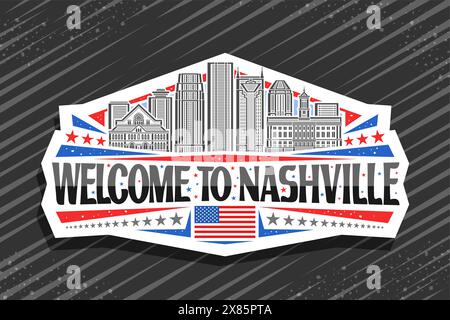 Vektor-Logo für Nashville, weißes dekoratives Etikett mit Illustration der Panorama-nashville Stadtlandschaft auf Tag-Himmel-Hintergrund, Linie Art Design Kühlschrank Stock Vektor