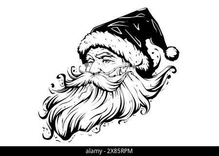 Weihnachtsmann-Kopf-Logo handgezeichnete Tuschenskizze. Vektorillustration mit Gravur. Stock Vektor