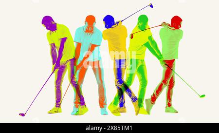 Mehrere Bewegungen. Mann spielt Golf vor hellem Hintergrund. Zeitgenössische Kunstcollage. Stockfoto