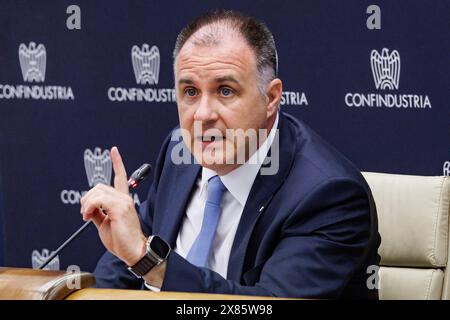 Roma, Italien. Mai 2024. IL presidente di Confindustria Emanuele Orsini durante la conferenza stampa al termine dell'Assemblea privata a Roma, Gioved&#xec;, 23 Maggio 2024 (Foto Roberto Monaldo/LaPresse) Präsident der Confindustria Emanuele Orsini während der Pressekonferenz am Ende der Privatversammlung in Rom, Donnerstag, 23. Mai 2024 (Foto: Roberto Monaldo/LaPresse) LaPresse/Alamy Live News Stockfoto