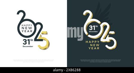 Frohes Neues Jahr 2025. Einzigartiges Zahlendesign mit transparenten Flügelbildern. Logodesign für Kalenderdesign, Poster und Social-Media-Beiträge. Stock Vektor
