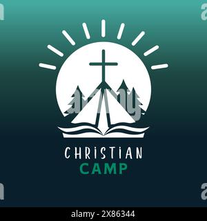 Christliches Camp, Sonnenaufgang-Logo. Kreatives Schild für ein Jugendcamp, Reisen im Wald oder in den Bergen. Vektorabbildung Stock Vektor